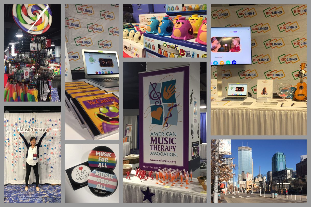 A collage of various scenes from the AMTA conference, including KidLinks' booth, business cards and signs